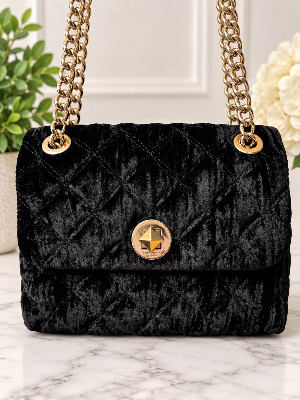 kate spade Natalia Crushed Velvet Flap Bag with Gold Adjustable Chain Strap